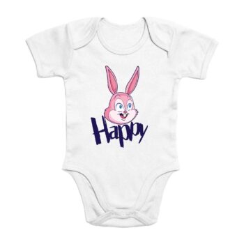 Body blanc bébé imprimé HAPPY avec lapin heureux - Collection bébé en coton bio