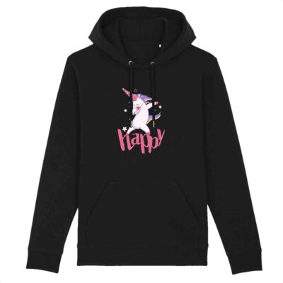 Sweat-shirt à capuche noir imprimé HAPPY LICORNE hoodie Bio