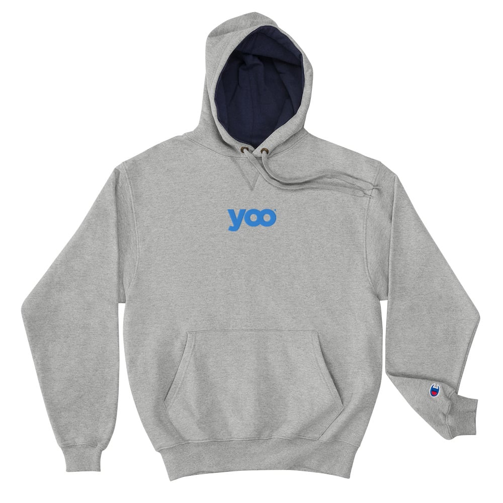 sweatshirt gris à capuche bi-color brodé du message "yoo" - Marque Nearooana & Champion